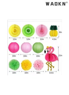 WAOKN 13 PCS Hawaiian Style Pink Flamingo Paper Lamp Set Flowers Flamingo Paper Cuttings Fet Handmade Flamingo Wallpaper Painting for Wedding,Birthday,Baby's First Birthday Party Decoration  - Image 2