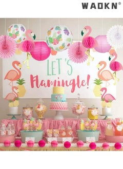 WAOKN 13 PCS Hawaiian Style Pink Flamingo Paper Lamp Set Flowers Flamingo Paper Cuttings Fet Handmade Flamingo Wallpaper Painting for Wedding,Birthday,Baby's First Birthday Party Decoration  - Image 5
