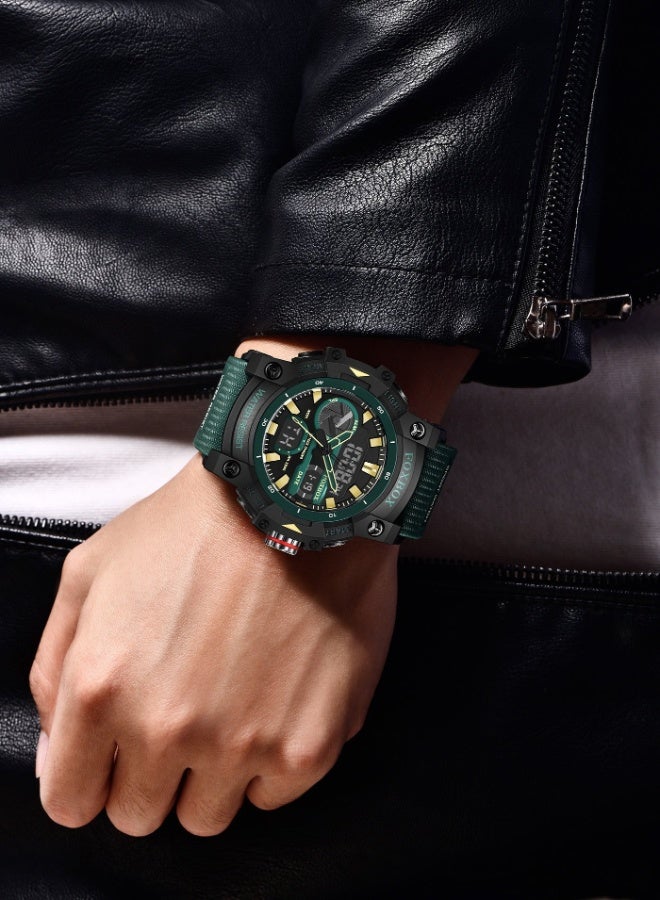 FOXBOX New Digital Analog Men's Watch Week/Calendar Dual Display Large Dial Waterproof Outdoor Sports Luminous Silicone Green Quartz Watches for Men - Image 5