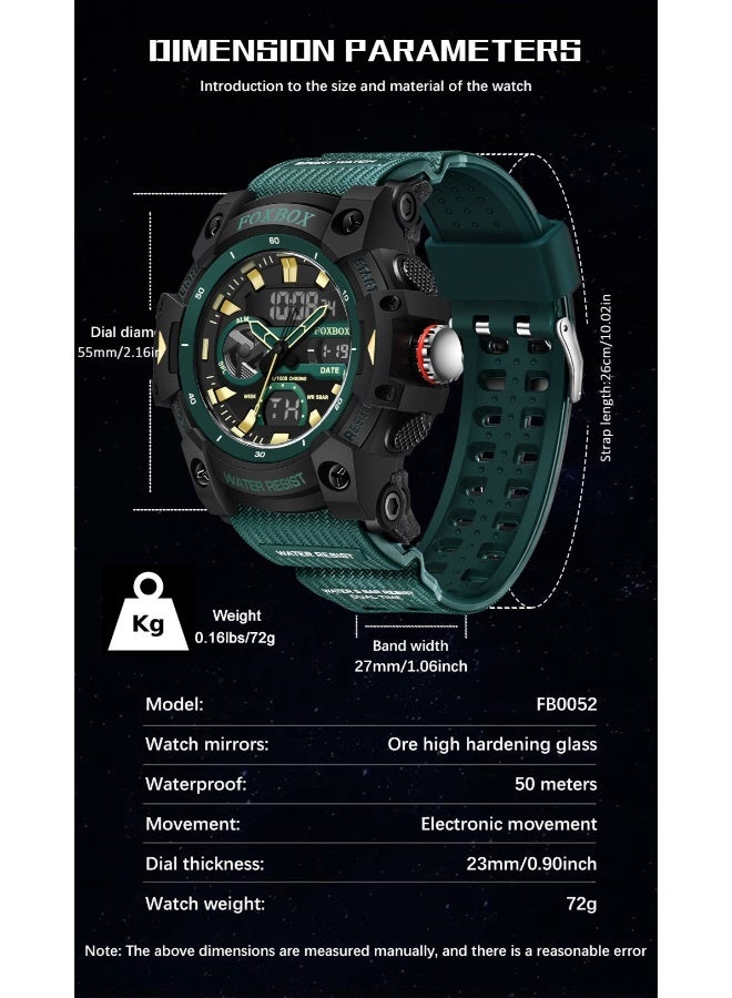 FOXBOX New Digital Analog Men's Watch Week/Calendar Dual Display Large Dial Waterproof Outdoor Sports Luminous Silicone Green Quartz Watches for Men - Image 4
