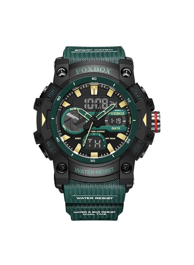 FOXBOX New Digital Analog Men's Watch Week/Calendar Dual Display Large Dial Waterproof Outdoor Sports Luminous Silicone Green Quartz Watches for Men - Image 1