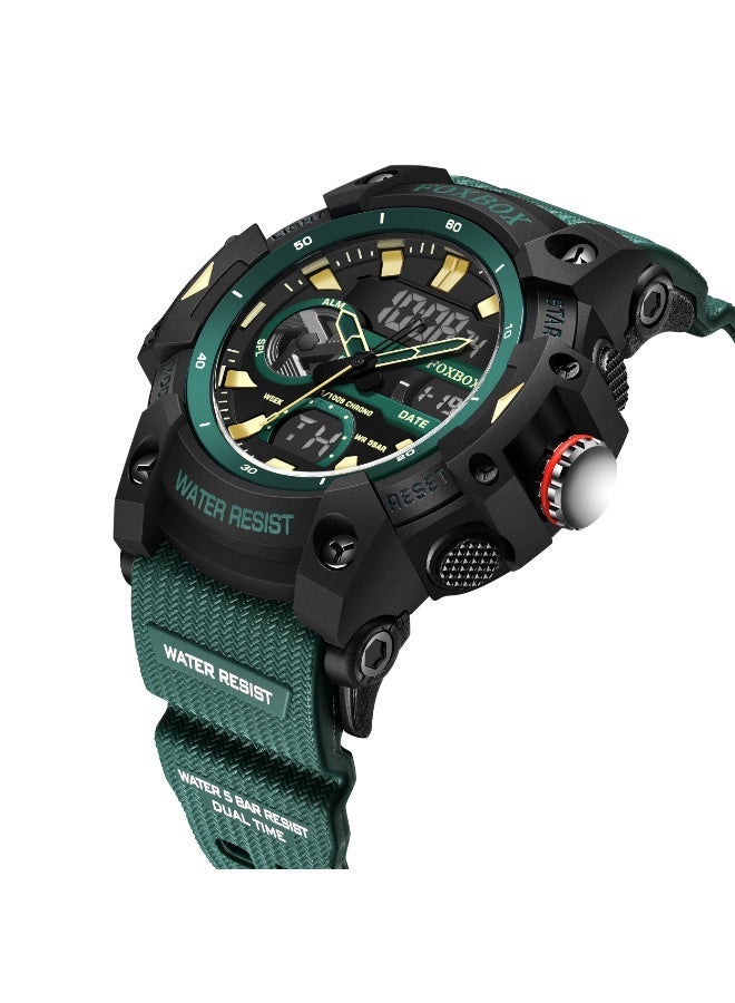 FOXBOX New Digital Analog Men's Watch Week/Calendar Dual Display Large Dial Waterproof Outdoor Sports Luminous Silicone Green Quartz Watches for Men - Image 3