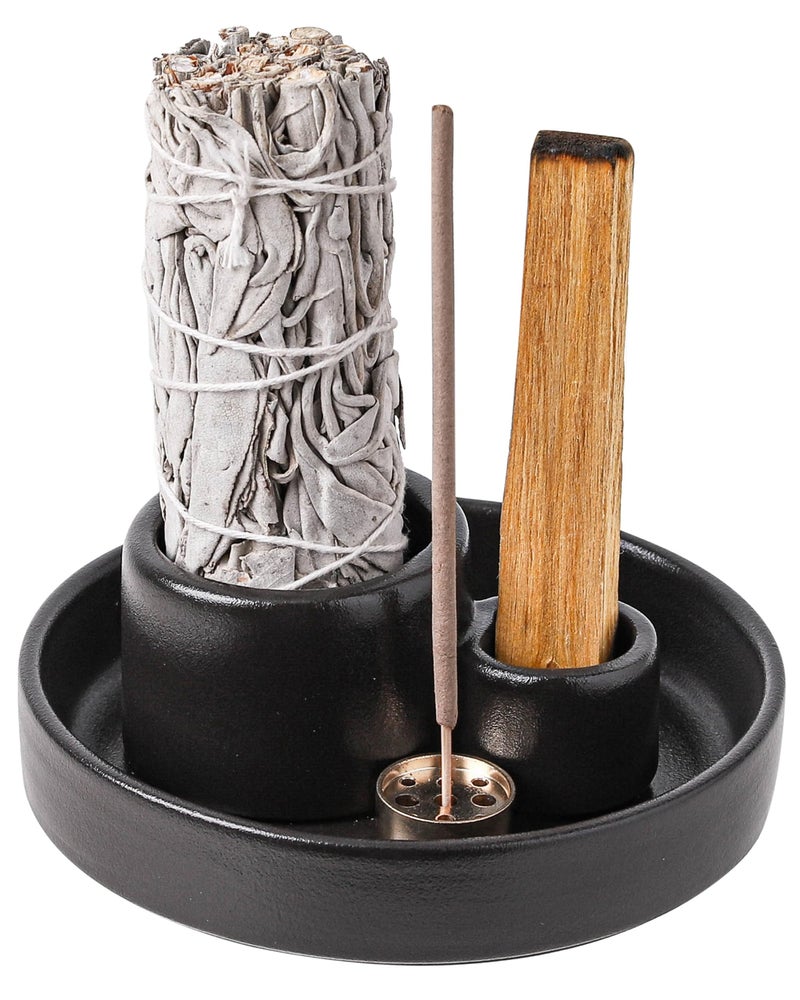 Ceramic Palo Santo and Sage Holder Incense Holder for Palo Santo Sticks Sage Burner Dish Stand with Ash Catcher Modern Minimalist Black