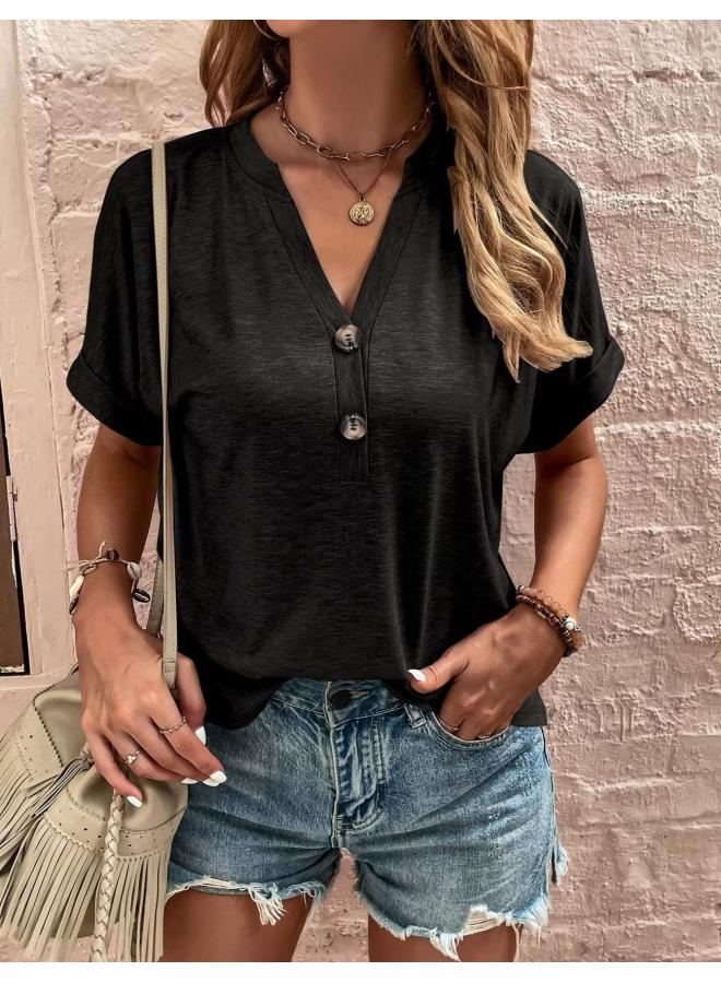 VUELO Spring And Summer Women's Clothing New European And American Top Solid Color Twist Button Fashion Short Sleeve Women  - Image 2