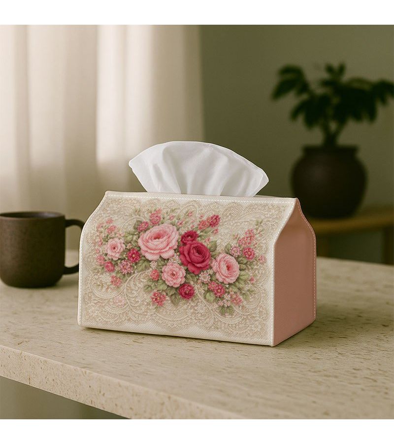 1pc Shabby Chic Floral Pink Rose Beige Tissue Box With Storage Organizer For Home Kitchen Car Spill Resistant Easy Clean Design Living Room Bedroom Dining Areas - Image 2