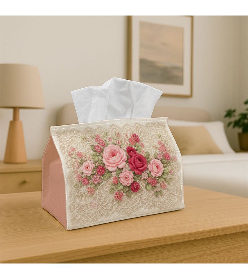 1pc Shabby Chic Floral Pink Rose Beige Tissue Box With Storage Organizer For Home Kitchen Car Spill Resistant Easy Clean Design Living Room Bedroom Dining Areas - Image 1