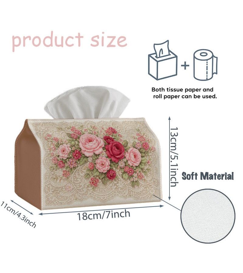 1pc Shabby Chic Floral Pink Rose Beige Tissue Box With Storage Organizer For Home Kitchen Car Spill Resistant Easy Clean Design Living Room Bedroom Dining Areas - Image 4