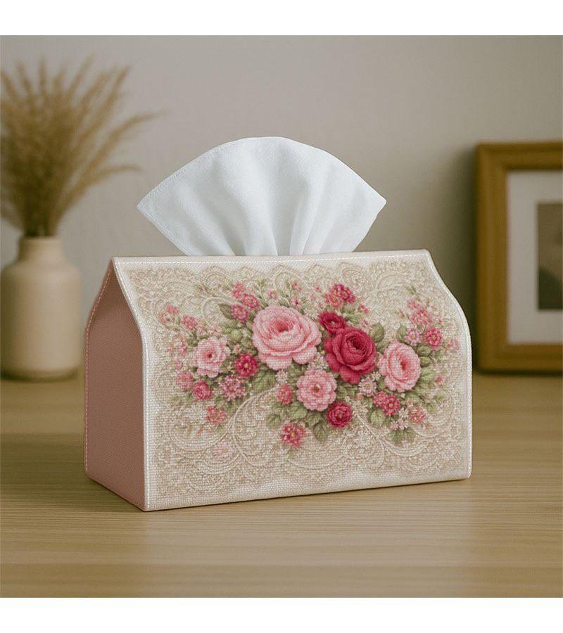 1pc Shabby Chic Floral Pink Rose Beige Tissue Box With Storage Organizer For Home Kitchen Car Spill Resistant Easy Clean Design Living Room Bedroom Dining Areas - Image 3