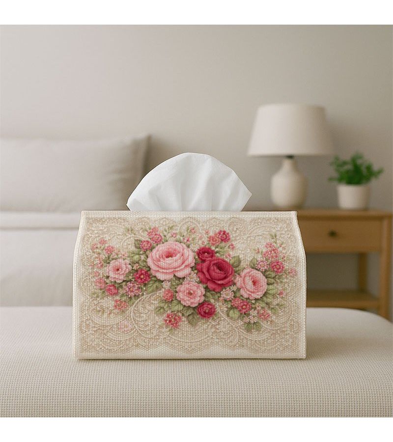 1pc Shabby Chic Floral Pink Rose Beige Tissue Box With Storage Organizer For Home Kitchen Car Spill Resistant Easy Clean Design Living Room Bedroom Dining Areas - Image 5