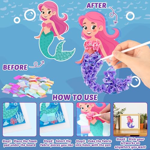 Lonfliness 8PCS Pokein Craft and Art Kit Mermaid Theme NoMess Fabric Sewing Art Puzzle Puncture Painting DIY Ocean Sea Animals Toy Gifts for Activity Game Birthday Party - Image 5