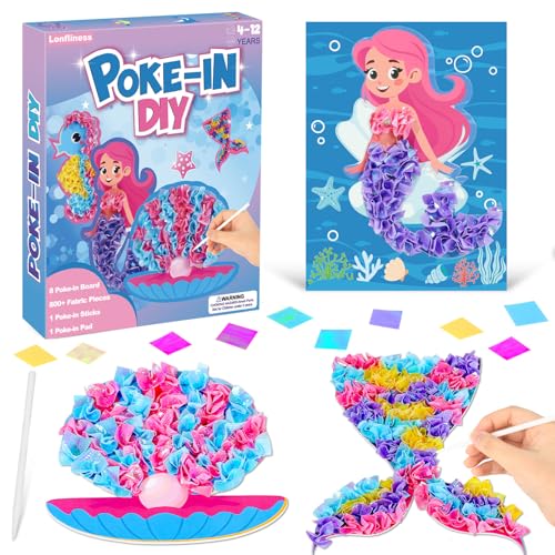 Lonfliness 8PCS Pokein Craft and Art Kit Mermaid Theme NoMess Fabric Sewing Art Puzzle Puncture Painting DIY Ocean Sea Animals Toy Gifts for Activity Game Birthday Party - Image 1