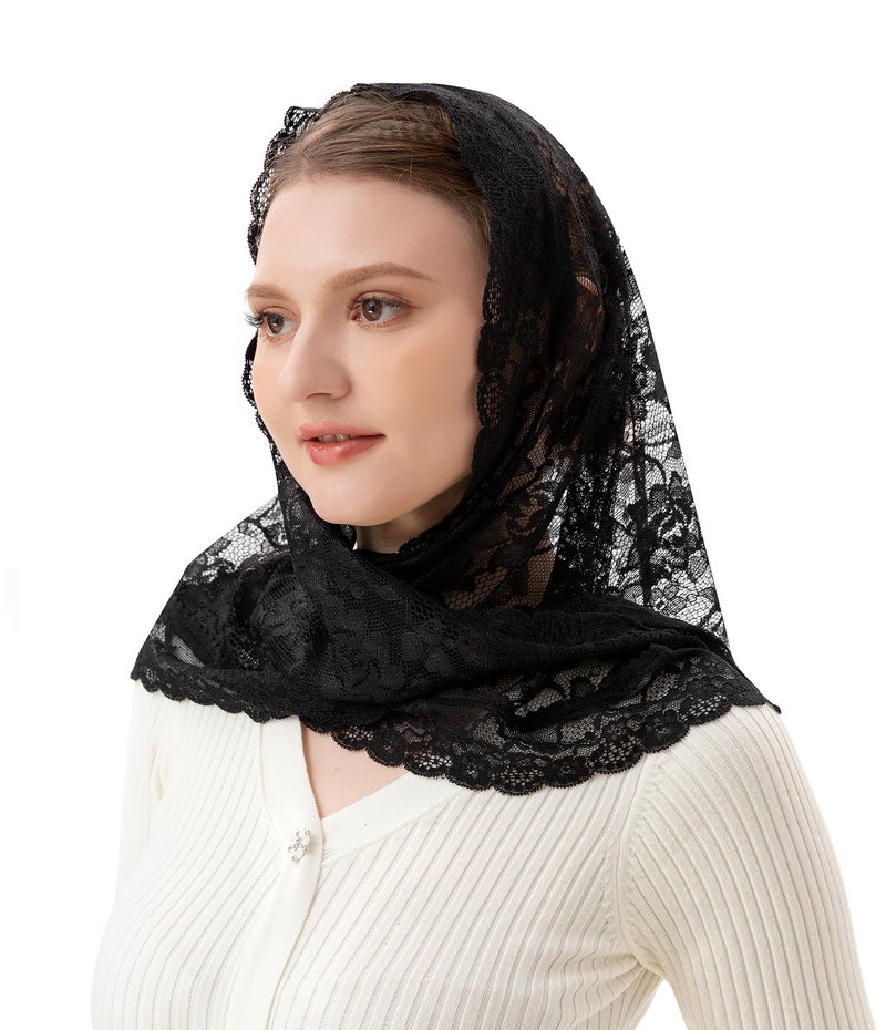 PAMOR Veils for Church Catholic Triangluar Scarf Embroidered Chapel Veil Head Covering Latin Mass Mantilla (Black) - Image 5