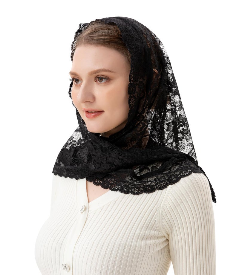 PAMOR Veils for Church Catholic Triangluar Scarf Embroidered Chapel Veil Head Covering Latin Mass Mantilla (Black) - Image 4