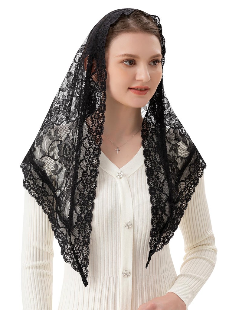 PAMOR Veils for Church Catholic Triangluar Scarf Embroidered Chapel Veil Head Covering Latin Mass Mantilla (Black) - Image 1