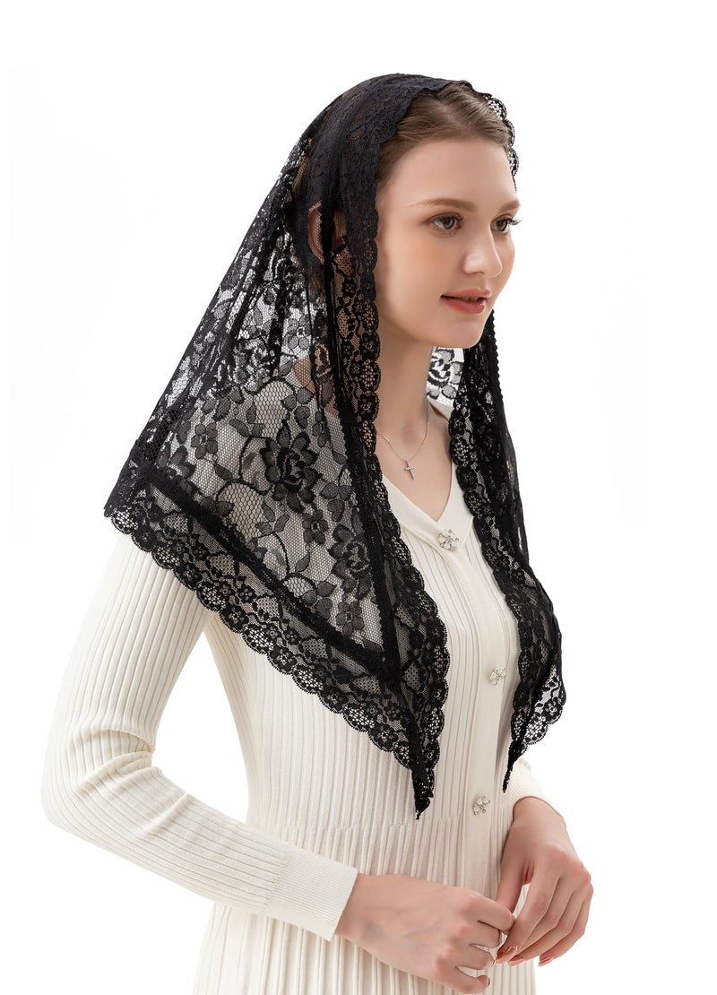 PAMOR Veils for Church Catholic Triangluar Scarf Embroidered Chapel Veil Head Covering Latin Mass Mantilla (Black) - Image 3