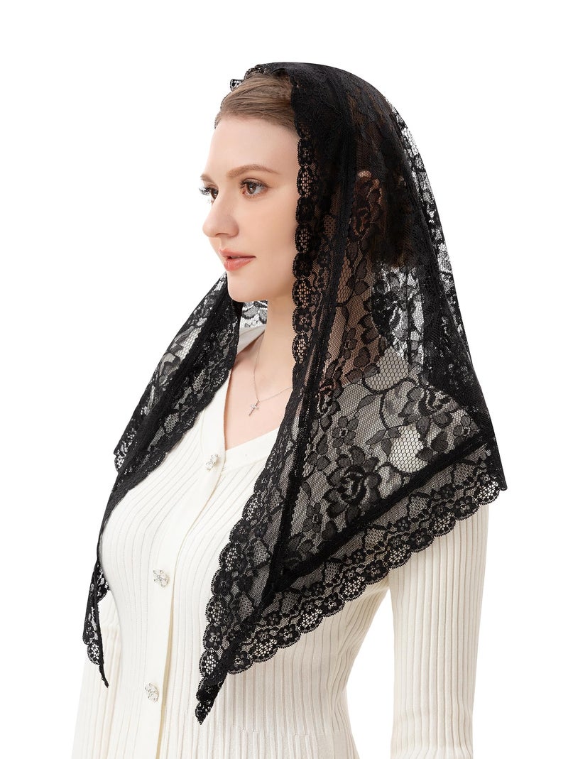 PAMOR Veils for Church Catholic Triangluar Scarf Embroidered Chapel Veil Head Covering Latin Mass Mantilla (Black) - Image 2