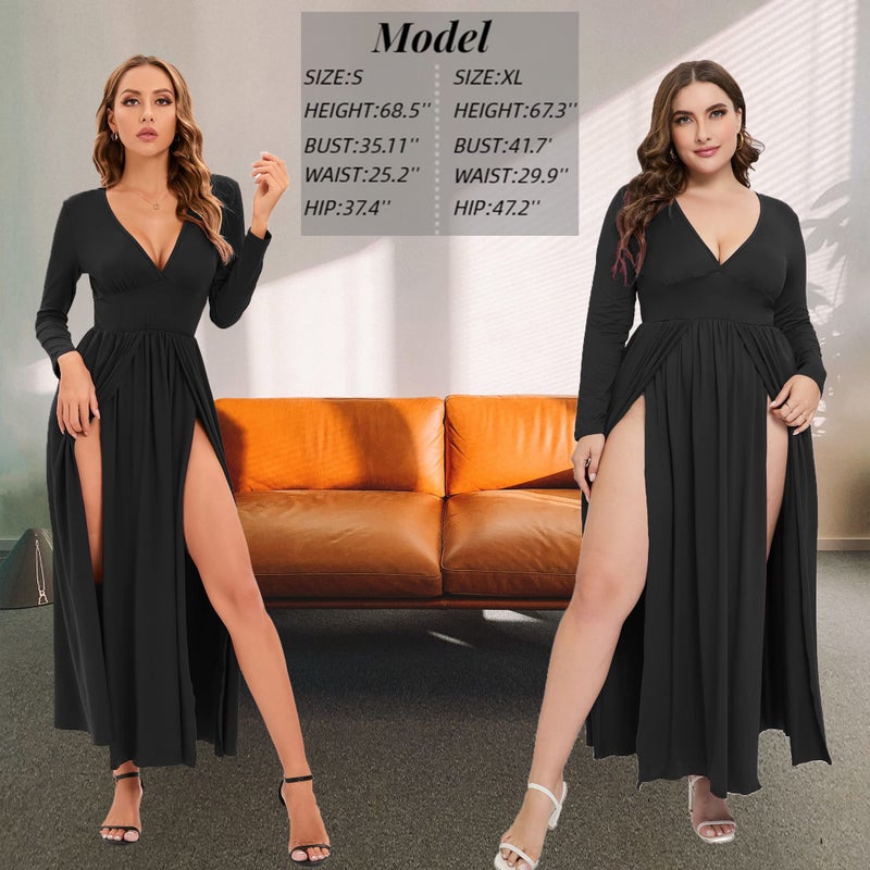 SILUI Women's Summer Dress Western Sexy Double High Slit Deep V Neck Plus Size Sundresses Thigh Split Maxi Club Party Dresses Black - Image 4