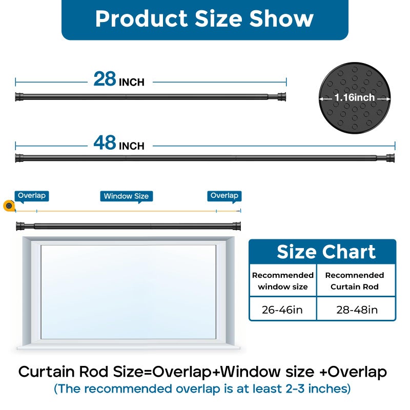 AIZESI Curtain Rods No Drilling for Windows 28 to 48 Inches,1/2 Inch Diameter No Drill Curtains Rod Renter Friendly Drapery Rod, Curtain Rods for Windows No Drilling, Black 1Pack - Image 2