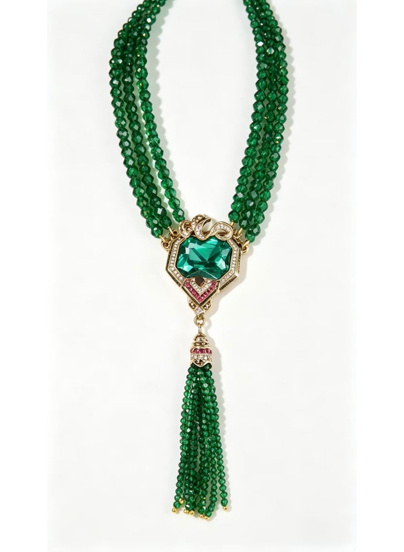 Vintage Multi‑Strand Green Bead Tassel Necklace, Gold‑Tone Inlaid Emerald‑Tone Rhinestone Statement Necklace For Women - Image 1