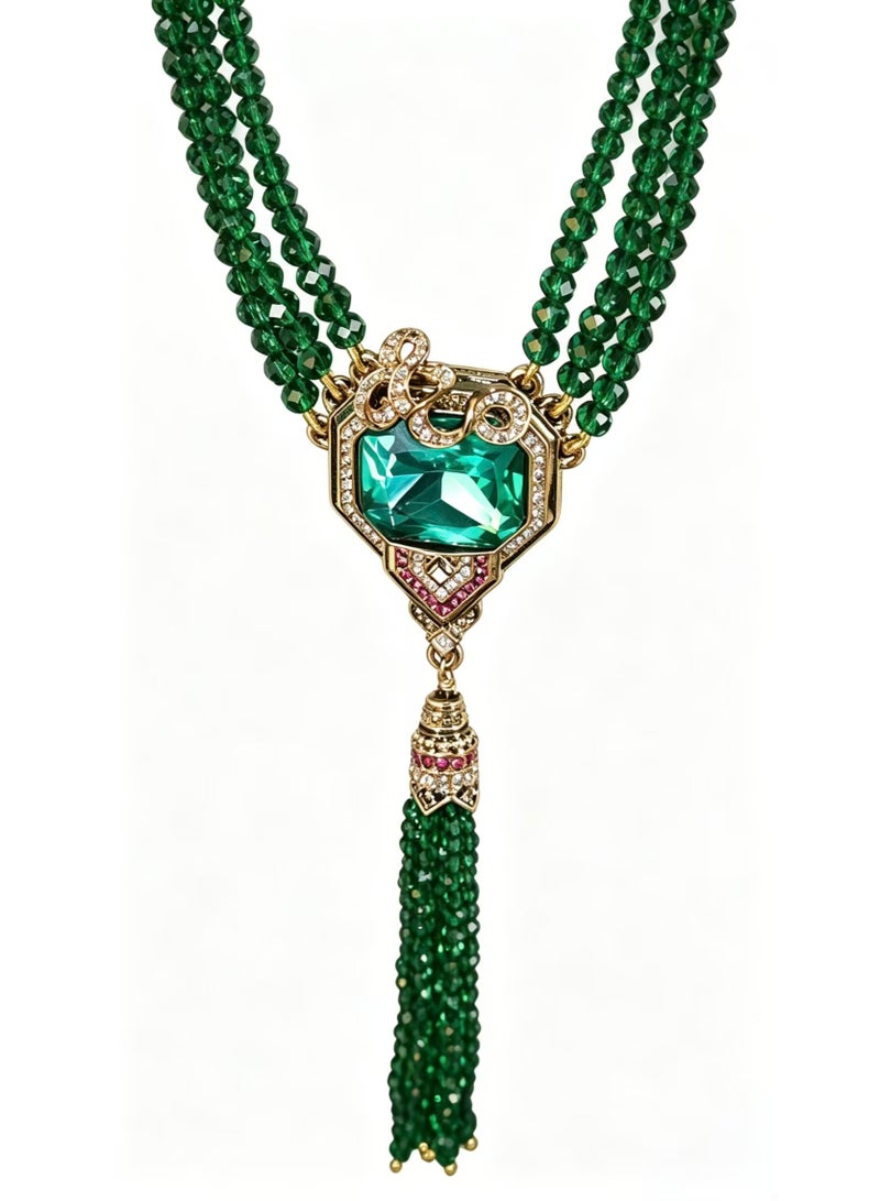 Vintage Multi‑Strand Green Bead Tassel Necklace, Gold‑Tone Inlaid Emerald‑Tone Rhinestone Statement Necklace For Women - Image 2