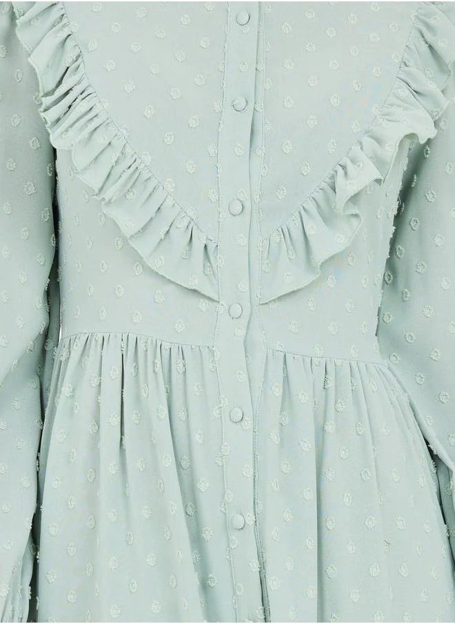 Styli Dobby Frill Detail Lace Hem Shift Maxi Dress