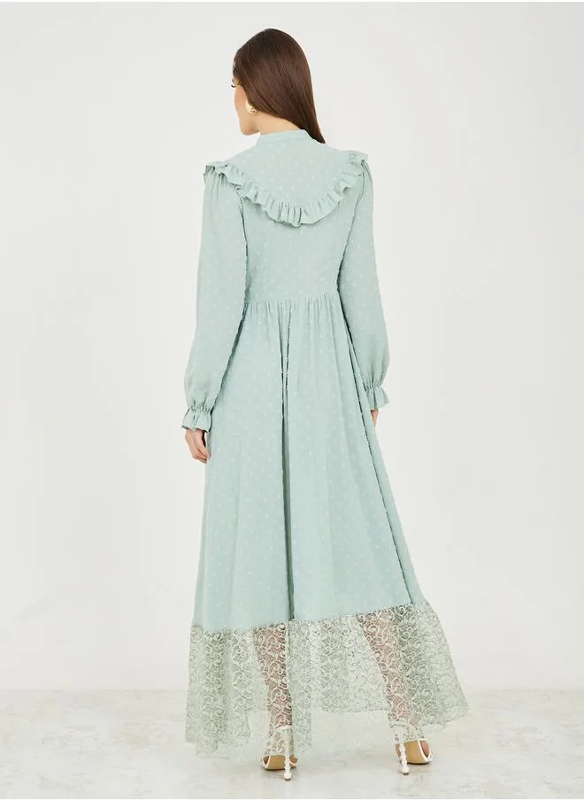 Styli Dobby Frill Detail Lace Hem Shift Maxi Dress