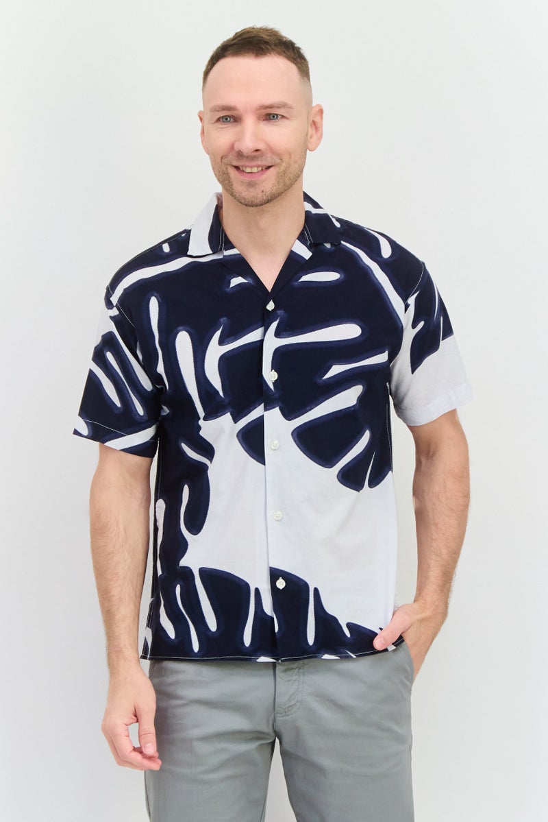 JACK & JONES Men Regular Fit Allover Print Short Sleeve Casual Shirt, Navy - Image 1