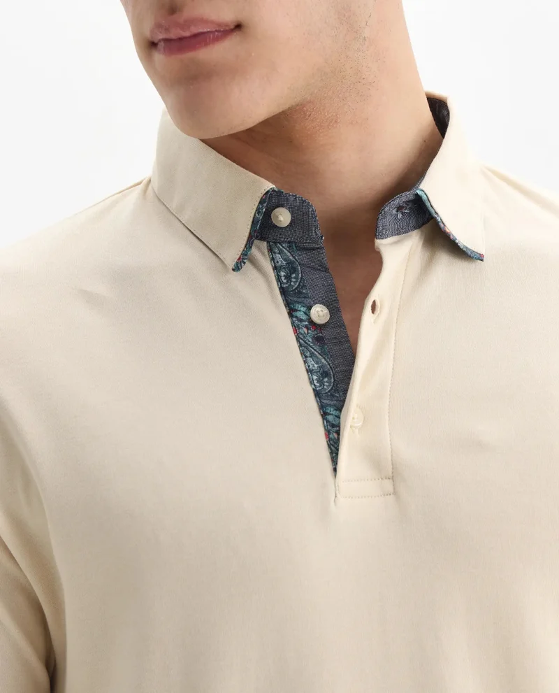 Rare Rabbit Rare Rabbit Men's Casca Dark Beige Cotton Fabric Collared Neck Half Sleeves Polo T-Shirt