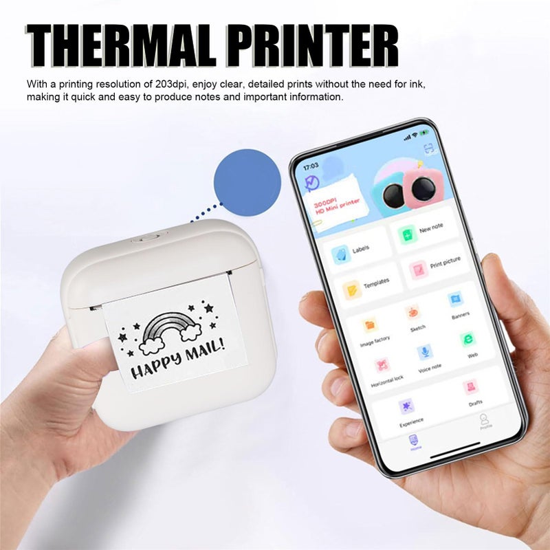 طابعة حرارية بلوتوث بيضاء صغيرة 203 نقطة في البوصة بدون حبر لطباعة الصور الملصقة المحمولة مع تطبيق - Image 3