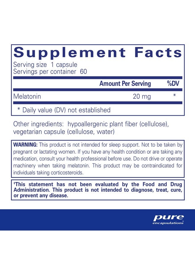 Pure Encapsulations Melatonin 20 mg - Not Intended for Sleep Support - for Immune System & Healthy Cells - 99.5% Purity Melatonin - Gluten Free & Non-GMO - 60 Capsules - Image 2