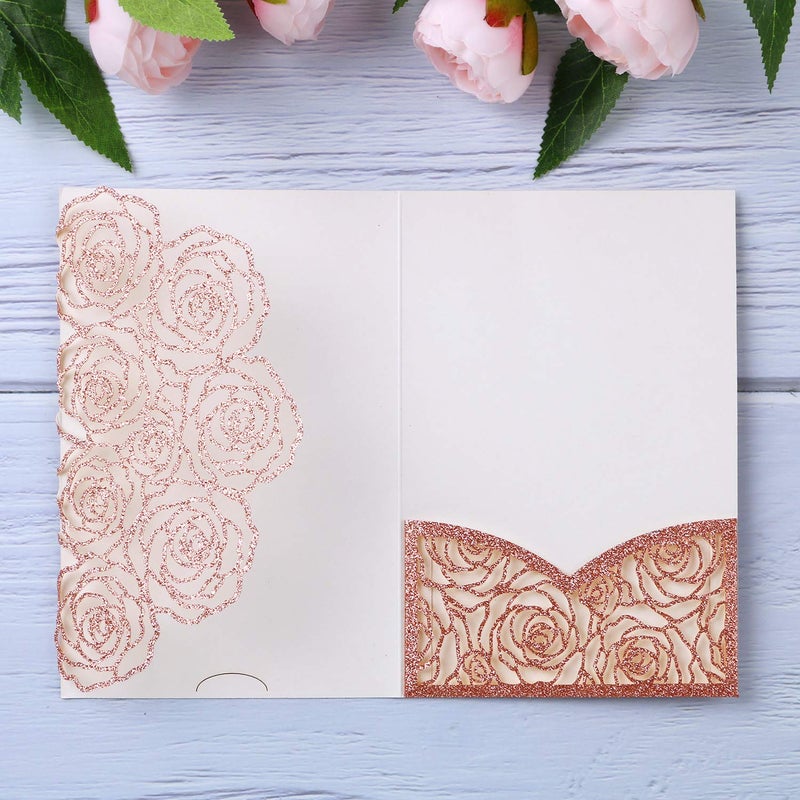 20 Pcs Laser Cut Wedding Invitations Card Pocket with Envelope for Birthday Party Baby or Bride Shower Invite suitable for 5 7 Inches Insert Paper Rose Gold Glitter