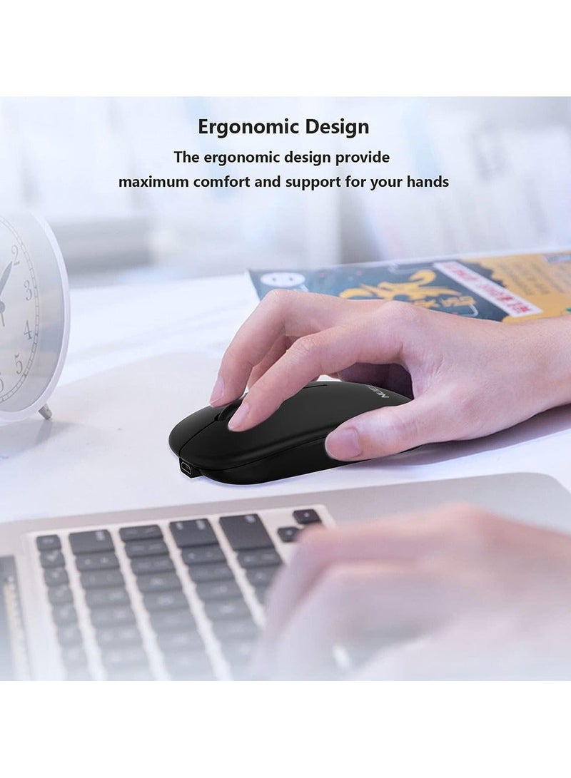 نُوِيق ماوس بلوتوث لاسلكي، مستقبل لاسلكي USB بلوتوث 5.1 + 2.4 جيجاهرتز، ماوس لاسلكي بلوتوث صامت قابل لإعادة الشحن من النوع C لأجهزة الكمبيوتر الشخصية والكمبيوتر المحمول والكمبيوتر اللوحي والهاتف المحمول، 3 إعدادات مسبقة قابلة للتعديل DPI (أسود) - Image 5