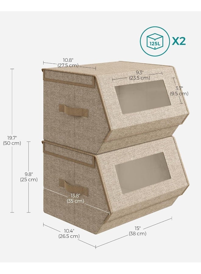 سونمجز مجموعة من 2 صناديق تخزين قابلة للتكديس، صناديق تخزين بأغطية ونوافذ أمامية، منظمات خزانة من قماش غير منسوج مع إغلاق مغناطيسي، مقابض جانبية، لون بيج رملي 35 × 38 × 25 سم - Image 5