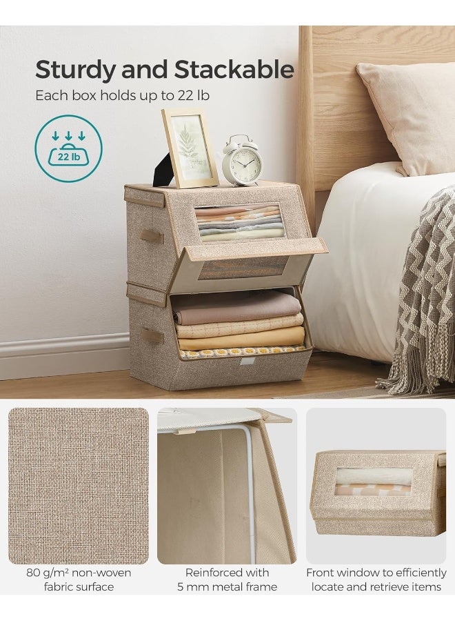 سونمجز مجموعة من 2 صناديق تخزين قابلة للتكديس، صناديق تخزين بأغطية ونوافذ أمامية، منظمات خزانة من قماش غير منسوج مع إغلاق مغناطيسي، مقابض جانبية، لون بيج رملي 35 × 38 × 25 سم - Image 3