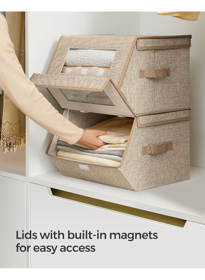 سونمجز مجموعة من 2 صناديق تخزين قابلة للتكديس، صناديق تخزين بأغطية ونوافذ أمامية، منظمات خزانة من قماش غير منسوج مع إغلاق مغناطيسي، مقابض جانبية، لون بيج رملي 35 × 38 × 25 سم - Image 4