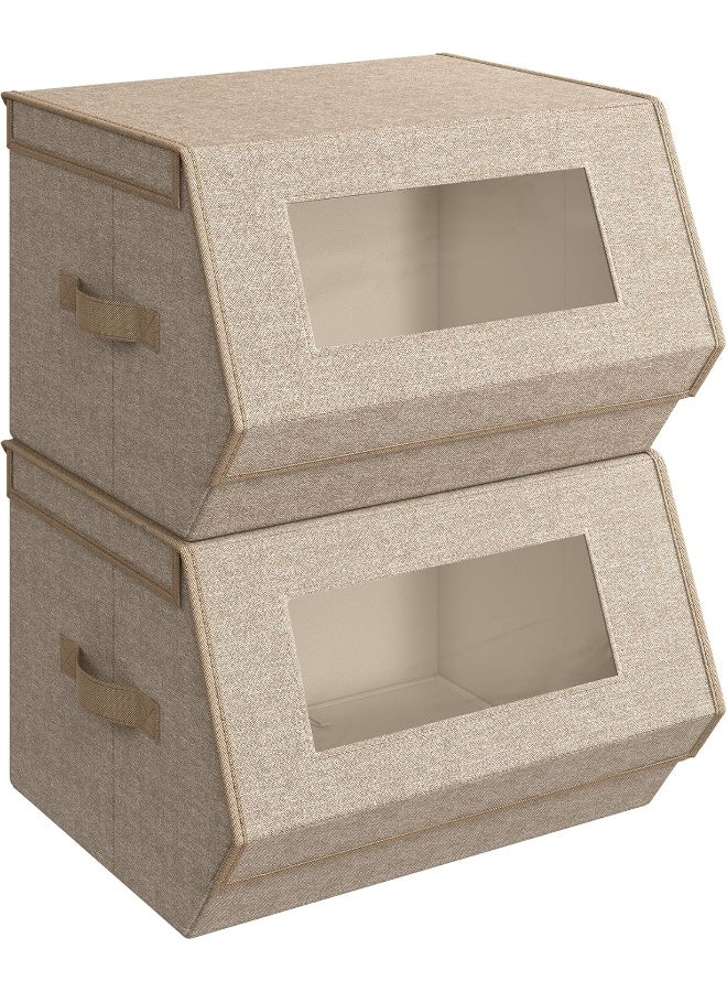 سونمجز مجموعة من 2 صناديق تخزين قابلة للتكديس، صناديق تخزين بأغطية ونوافذ أمامية، منظمات خزانة من قماش غير منسوج مع إغلاق مغناطيسي، مقابض جانبية، لون بيج رملي 35 × 38 × 25 سم - Image 1