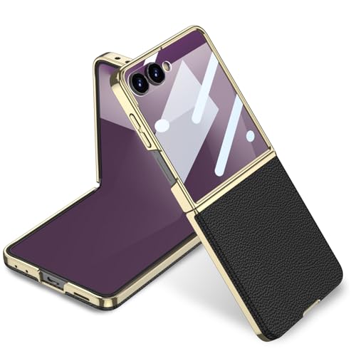 Midkart Leather Case Compatible with Samsung Galaxy Z Flip 7 Release 2025 Electroplated Hard PC Lightweight with Independent Camera Protection Cover, Black - Image 1