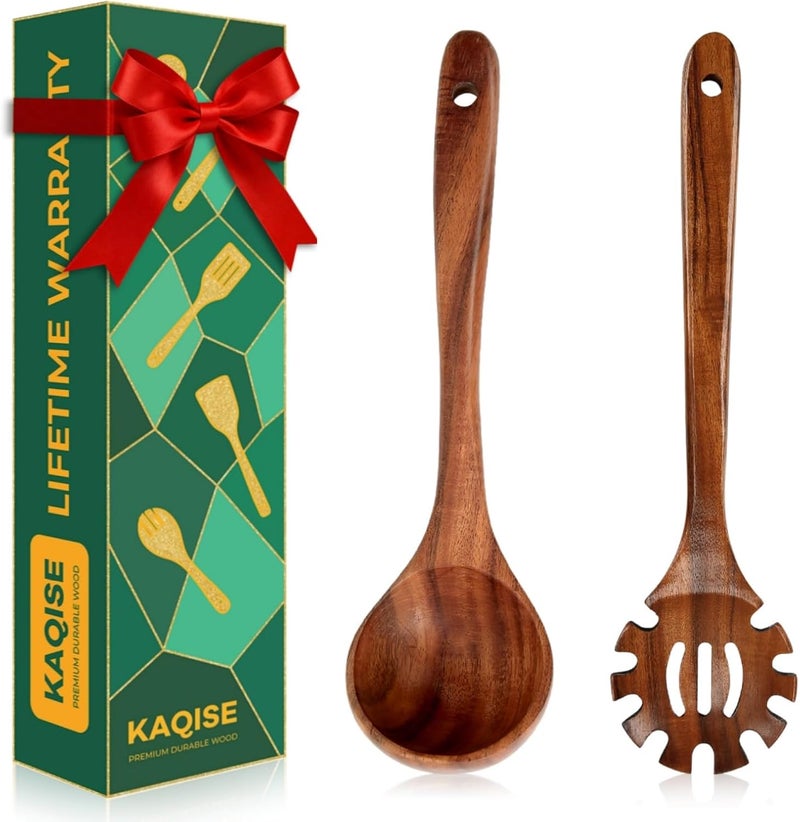 KAQISE Wooden Spoons for Cooking, 2PCS Natural Teak Wooden Utensils, NonStick Kitchen Utensils Set for Stirring,Serving Spaghetti, Soup, Sauce (Ladle & Pasta Fork) - Image 1