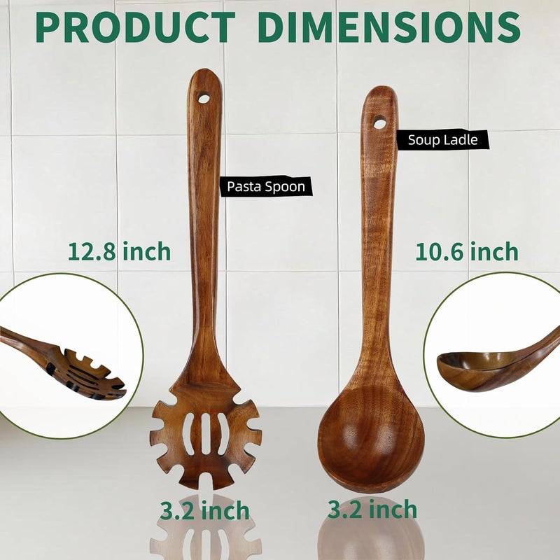 KAQISE Wooden Spoons for Cooking, 2PCS Natural Teak Wooden Utensils, NonStick Kitchen Utensils Set for Stirring,Serving Spaghetti, Soup, Sauce (Ladle & Pasta Fork) - Image 5