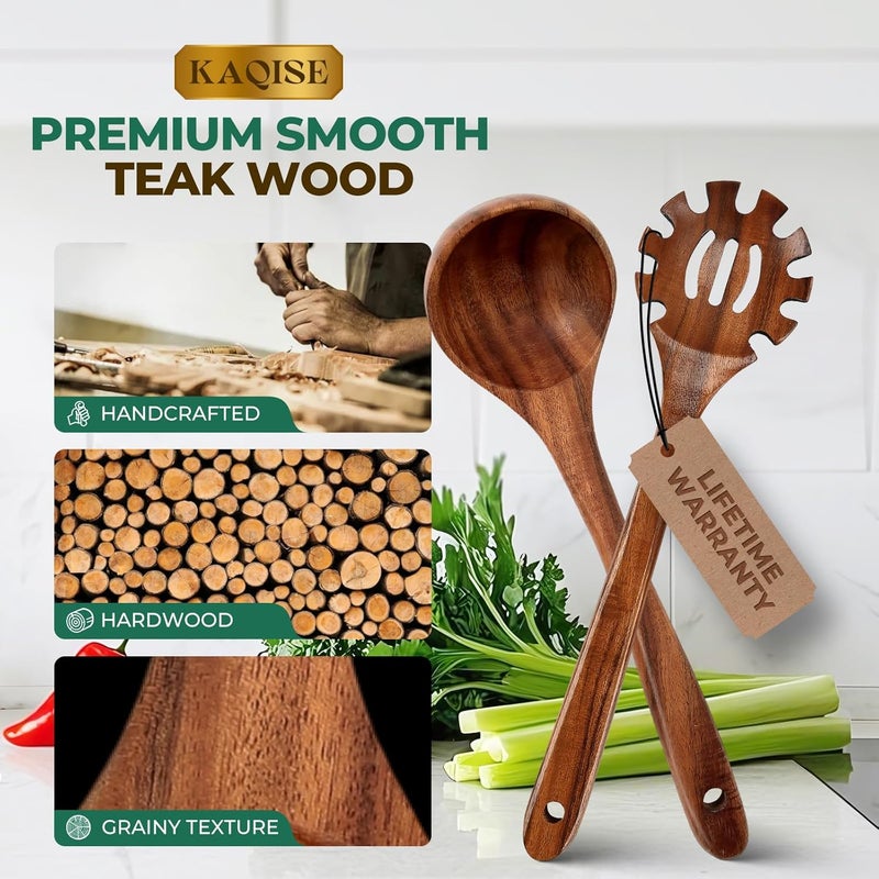 KAQISE Wooden Spoons for Cooking, 2PCS Natural Teak Wooden Utensils, NonStick Kitchen Utensils Set for Stirring,Serving Spaghetti, Soup, Sauce (Ladle & Pasta Fork) - Image 2