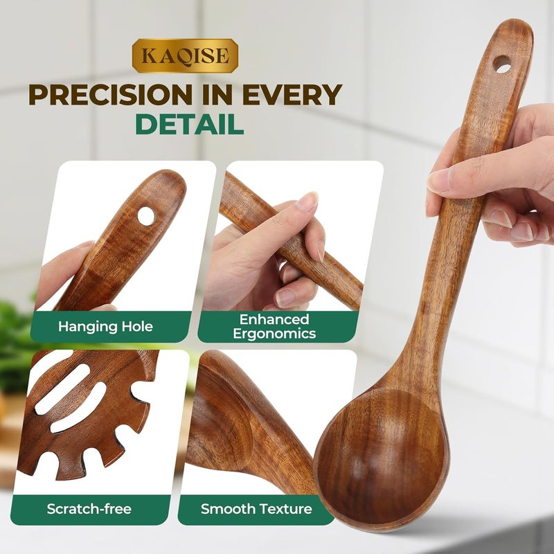 KAQISE Wooden Spoons for Cooking, 2PCS Natural Teak Wooden Utensils, NonStick Kitchen Utensils Set for Stirring,Serving Spaghetti, Soup, Sauce (Ladle & Pasta Fork) - Image 4