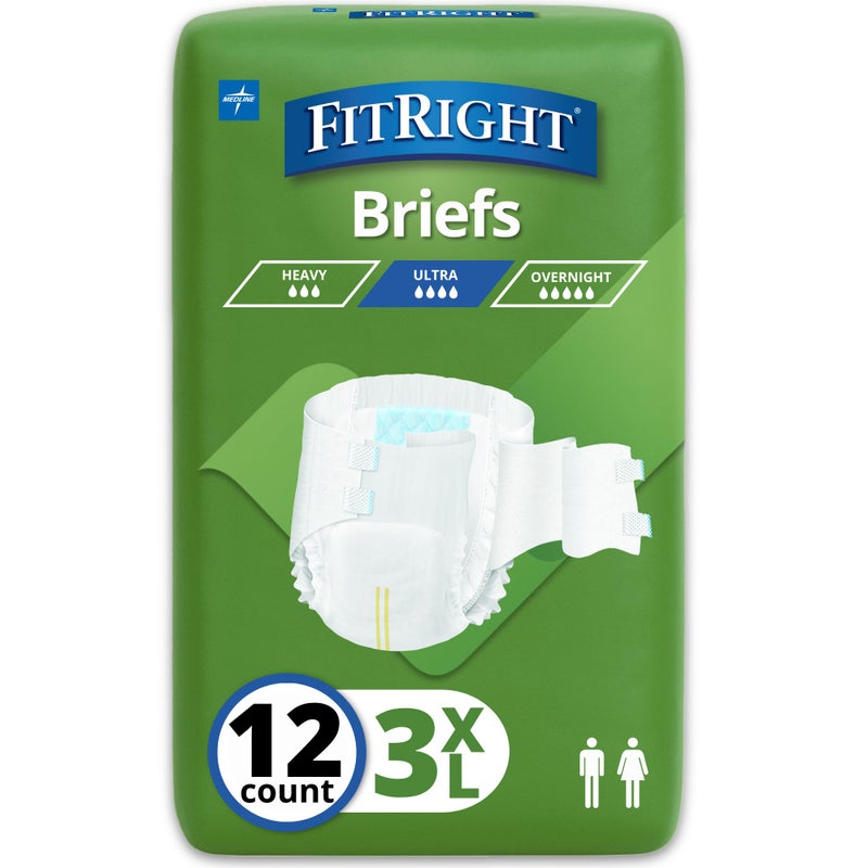 FitRight Bariatric Adult Diapers, Ultra Heavy Absorbency, 3XL (Waist Size 65in-84in), 12 Count, Disposable Incontinence Briefs for Men and Women, Moisture-Wicking, Leak Protection, - Image 1
