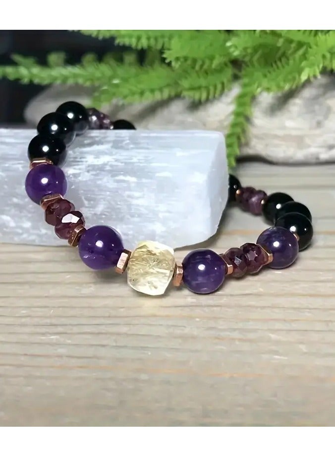 Goolsky Amethyst & Black Garnet Beaded Bracelet, Elegant Vintage Style, Women's Fashion Wristlet, Ethnic Classic Style, Glass Beads, All-Season Wear, Perfect for Daily & Gift Giving - Image 4
