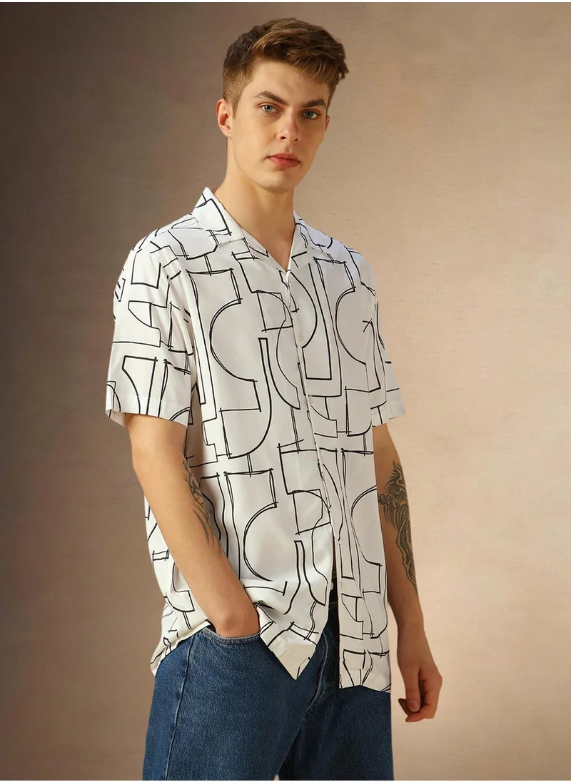 دينيس لينغو Men's White 100% Cotton Printed Relaxed Fit Shirt