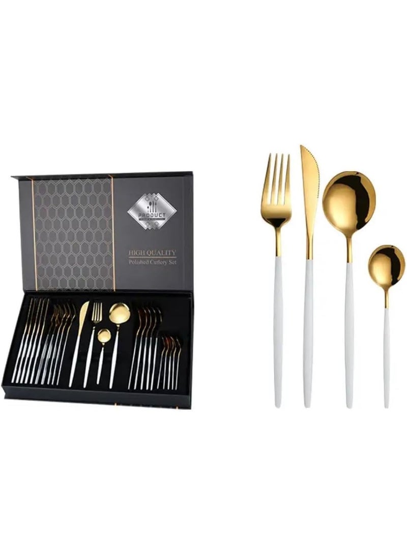 24-Piece Stainless Steel Cutlery Set – Gold & White Elegant Tableware - Image 1