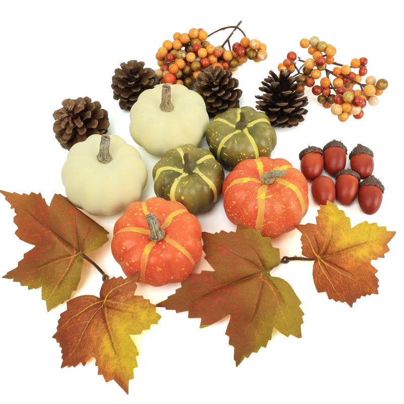 CHEAWRTZ 20 Pcs Realistic Fall Mini Pumpkin Decorations Pumpkin Decor with Maple Leaves Pine Cones AcornsThanksgiving Decorations Indoor for Home Farmhouse Harvest Thanksgiving Table Decor