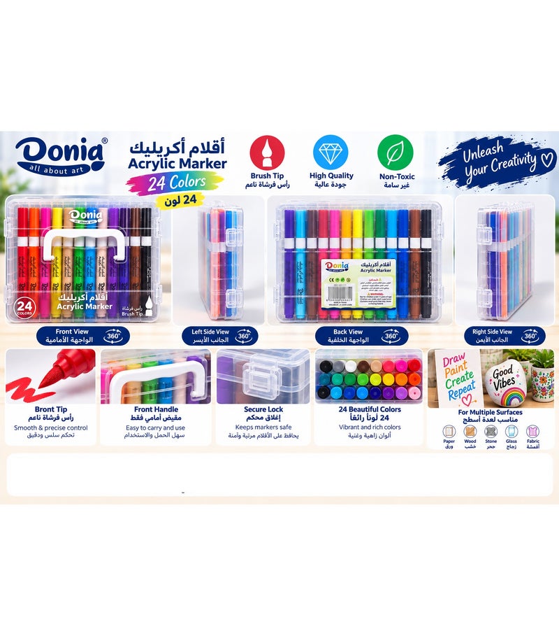 Donia 24 Color Acrylic Marker Set with brush tips, vibrant colors, and a convenient storage case. - Image 3