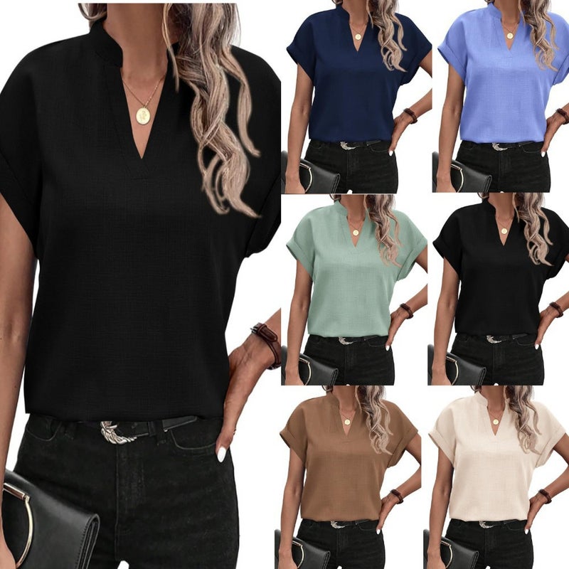 Women's V-Neck Short Sleeve Linen Shirt Blouse - Image 1