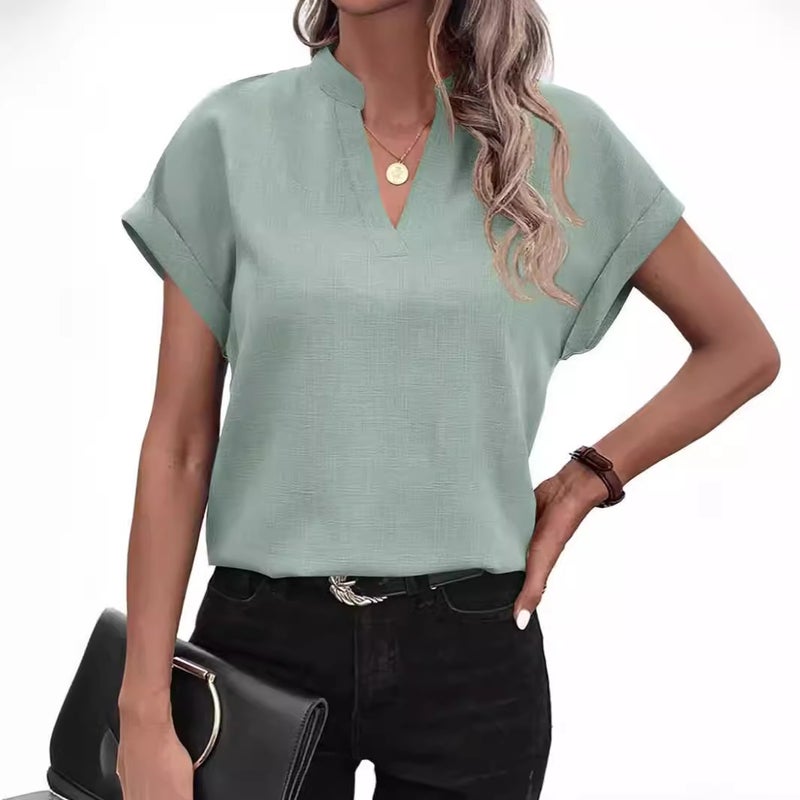 Women's V-Neck Short Sleeve Linen Shirt Blouse - Image 2