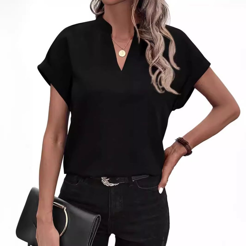 Women's V-Neck Short Sleeve Linen Shirt Blouse - Image 3